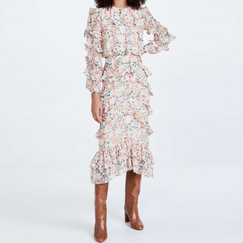 Flowy Floral Printed Tiered Ruffle Long ...
